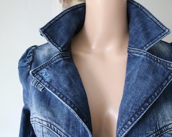 ONLY Blue Denim Jacket Cropped Fitted Cardigan 3/4 Sleeve Small Size