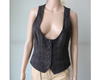 Vintage Women&#39;s Plaid Vest Gray Black Blue Waistcoat Medium Size