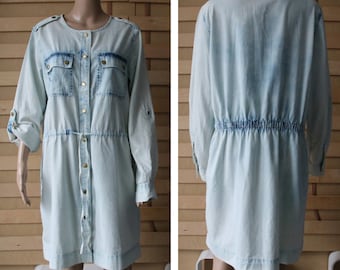 Michael Kors Acid Wash Dress Sky Blue Denim Dress Tunic Uniform Jean Dress Hipster Dress Button Up Large Size