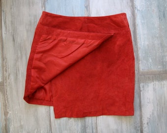 Vintage  Red Orange Suede Leather Mini Skirt Small Size