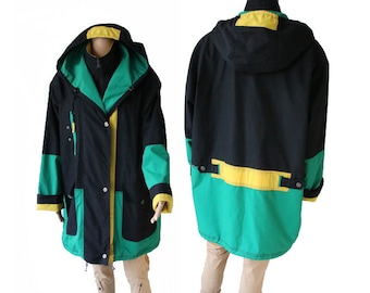 Vintage Women's Black Green Yellow Rainwear Jacket  Casual Clothes XL Size