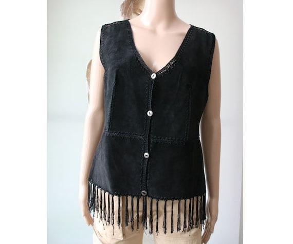 Women Patchwork Black Suede Vest Vintage Leather … - image 1