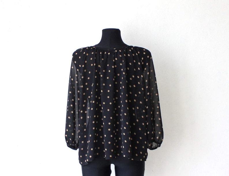 Vintage Black Beige Polka Dot Blouse 34 Sleeve Oversized See Through Blouse Large Size