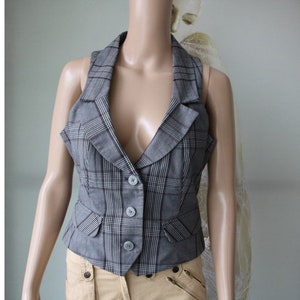 Vintage Women's Plaid Vest  Gray Waistcoat Small Size