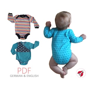 May include: Two baby onesies, one with rainbow stripes and the other with a blue and white heart pattern. The onesies are both long-sleeved and have snap closures. The text "PDF GERMAN & ENGLISH" is at the bottom of the image.