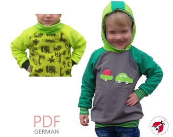 PDF Raglan Hoodie Gr. 92-164 - "K.Puzen-Rollover 2.0" Schnittmuster Nähanleitung Beamerdatei