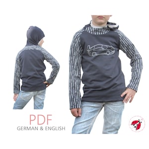 May include: A gray hooded sweatshirt with a white car graphic on the front. The sleeves are striped in gray and white. The sweatshirt is available in PDF format in German and English.