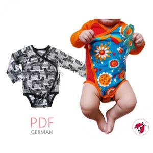 May include: Two baby onesies, one with a black and white zebra print and the other with a colorful floral print. The onesies are both long-sleeved and have a wrap-style closure. The text "PDF GERMAN" is printed below the onesies.