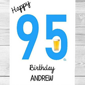 May include: Happy 95th Birthday Andrew card with blue numbers and a glass of beer illustration.