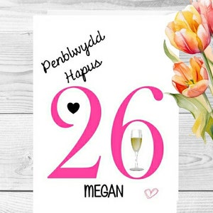Biglietto personalizzato per il 26° compleanno gallese per lei - Penblwydd Hapus - Età 26 - Figlia Nipote Sorella Amica