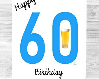 May include: Happy 60th Birthday Andrew card with a blue number 60 and a glass of beer in the zero.