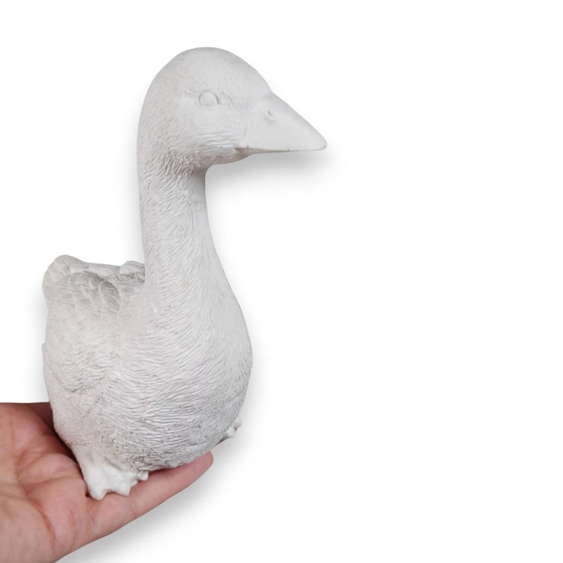 Rohling der stehenden Gans in einer Frauenhand zur Größenanschauung, neutraler weißer Hintergrund