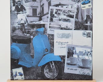 Vespa Italy Motif Tile / Retro Scooter Collage 025 / La Dolce Vita Wall Decor / Ceramic Tile with Motif 15×15 cm / Picture Tile / Decorative Tile