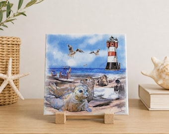 Seals Lighthouse Ceramic Tile Wall Art North Sea Beach Chair Seagulls Nautical Decor Gift Handmade