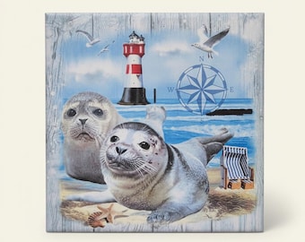 Maritime seal motif tile / North Sea seals & lighthouse (165) / Maritime bathroom decor / Ceramic tile with image / Decorative wall tile