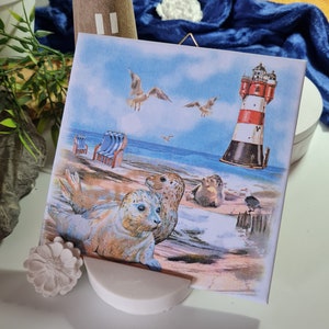 Decorative handmade wall tile Maritime seal on the beach (087) gift, wall hanging, tiles, decoration, decoupage technique