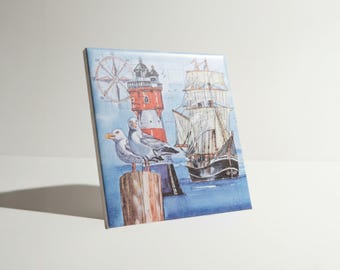 Maritime motif tile with seagull and sailing ship / Ceramic tile 15×15 cm / Tile picture of lighthouse & coast / Decorative tile North Sea / Handmade (092)