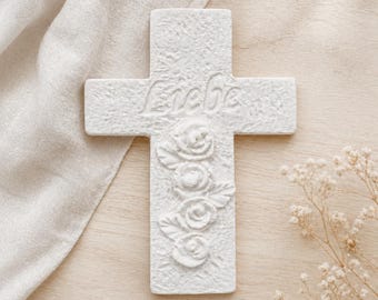Silikonform Kreuz Liebe mit Rosen | für Beton Raysin Keraflott | Taufgeschenk Kommunion DIY | Handmade Germany | ca. 5,6 x 4,1 cm