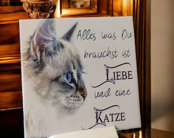 Dekorative handgefertigte Keramik-Dekofliese 15 x 15cm, Wandfliese Spruch Katze (081) Geschenk, Wandbehang, Fliesen, Dekoration, Wohnkultur