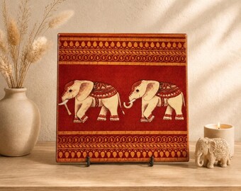 Elephants Ethnic Ceramic Tile Wall Art India Lucky Charm Decor Gift Handmade