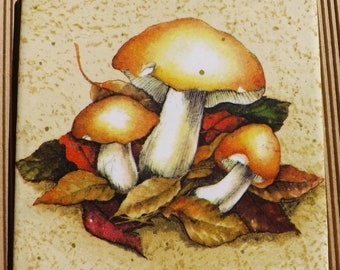 Decorative handmade ceramic Dekofliese, wall tile mushrooms Funghi beige (048) gift, tapestry, tiles, decoration, home decor
