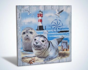 Maritime seal motif tile / North Sea seals & lighthouse (165) / Maritime bathroom decor / Ceramic tile with image / Decorative wall tile