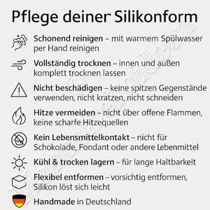Pflegehinweis-Grafik zur Silikonform mit Tipps zur Reinigung, Nutzung und Aufbewahrung. Hinweise für langlebige, wiederverwendbare Silikonformen für saubere Abgüsse mit Raysin, Keraflott, Beton oder Resin.