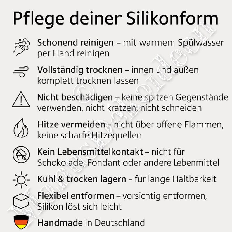 Pflegehinweis-Grafik zur Silikonform mit Tipps zur Reinigung, Nutzung und Aufbewahrung. Hinweise für langlebige, wiederverwendbare Silikonformen für saubere Abgüsse mit Raysin, Keraflott, Beton oder Resin.