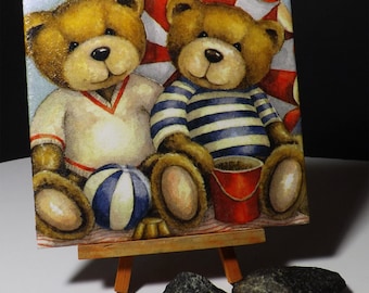 Decorative handmade ceramic decorative tile, wall tile beach teddys (024) gift, wall hanging, tiles, decoration, home décor