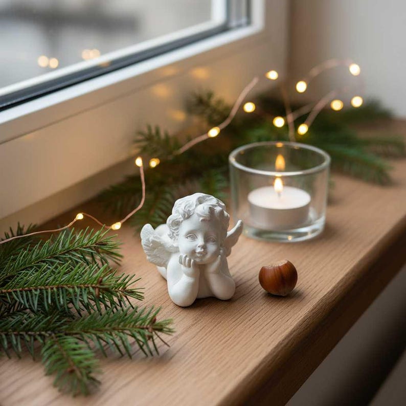 Miniatur-Engel verträumt aus Beton auf Fensterbank mit Kerze und Tannenzweigen – Weihnachtsdeko handgemacht MANUS Dekooideen