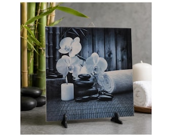 Spa Wall Art Orchid Ceramic Tile Bathroom Wall Decor Zen Wellness Gift for Women Handmade Germany