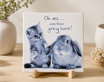 Kitten Rabbit Funny Pun Ceramic Tile Wall Decor Cat Lover Gift Handmade Germany