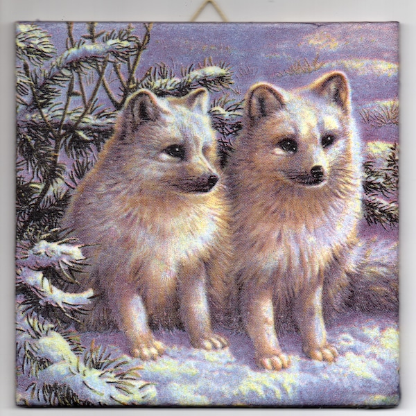 Decoupage gefertigte Dekofliese, Dekor, Wandbild, Wandfliese, Fliesendekor in Handarbeit Motiv Weiße Füchse Fuchs (001)