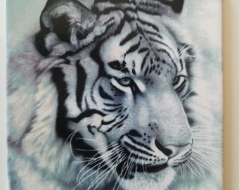 Decorative handmade ceramic Dekofliese, wall tile White Tiger (106) Gift, tapestry, tiles, decoration, home decor