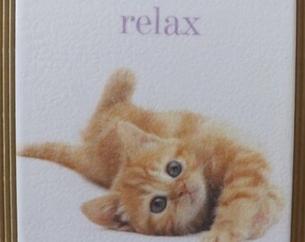 Decoupage crafted Dekofliese, décor, mural, wall tile, tile décor in hand work motif cat saying relax (005DP)