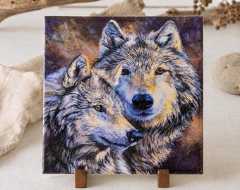 Wolf motif tile 15 x 15 cm | Ceramic picture tile with hanger | Wolf wall decoration | Gift for wolf lovers | Nature decor