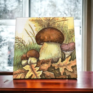 Puede incluir: Una pintura de acuarela de setas en un entorno de bosque. La pintura presenta una seta grande de color marrón y blanco con un sombrero marrón y un tallo blanco. También hay dos setas más pequeñas en primer plano, una marrón y otra blanca. Las setas están rodeadas de hojas verdes y ramas marrones.