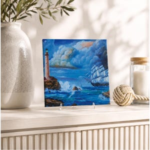Azulejo de cerámica con motivo de faro y velero, decoración marítima para pared, regalo hecho a mano en Alemania.