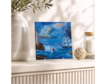 Leuchtturm Segelschiff Motivfliese aus Keramik, 15 × 15 cm
