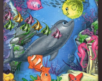 Decorative handmade ceramic Dekofliese, wall tile Dolphin Underwater (014) gift, tapestry, tiles, decoration, home decor