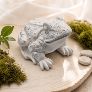 Può includere: Una statuetta di rana grigio chiaro con pelle strutturata, posizionata su una superficie di legno. La rana ha grandi occhi e zampe dettagliate. Lo sfondo include muschio verde, foglie e piccole pietre.