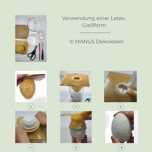 Bildtafel „Verwendung einer Latexform“: Einpudern, Ausrichten, Eingießen, Entformen – Schrittbilder, sachlich erklärt