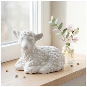 Può includere: Una statuetta di agnello in ceramica bianca in posizione di riposo, con dettagliata texture di lana. Accanto, un piccolo vaso di vetro contiene rametti di eucalipto e delicati fiori rosa. La scena è ambientata su un davanzale di legno.