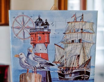 Decorative handmade ceramic tile, wall tile Maritime Lighthouse (092) Gift, wall hanging, tiles, decoration, home decor