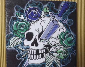 Decorative handmade ceramic decorative tile, picture, wall tile mystic skull (063) gift, wall hanging, tiles, decoration, home decor