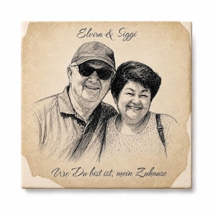 Personalized ceramic tile couple portrait – pencil drawing from a photo, handmade in Germany, romantic gift