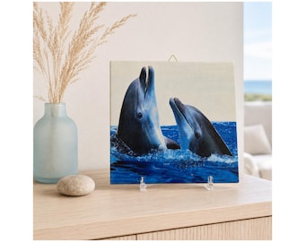Dolphins Ceramic Tile Wall Art Ocean Nautical Decor Gift Handmade Germany