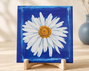 Daisy Ceramic Tile Blue Wall Decor Floral Gift Handmade Germany
