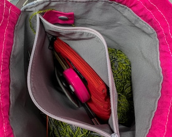 Bolsa de algodón para tejer calcetines con bolsillo con cremallera y cierres a presión – Evita que el hilo se enrede