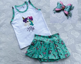 Unicorn embroidered tank top with high-waisted skirted bummies and hair bow, personalized or not